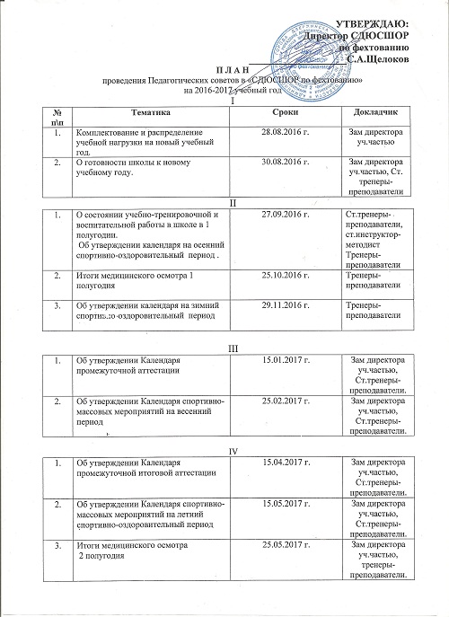 План работы спортивной школы